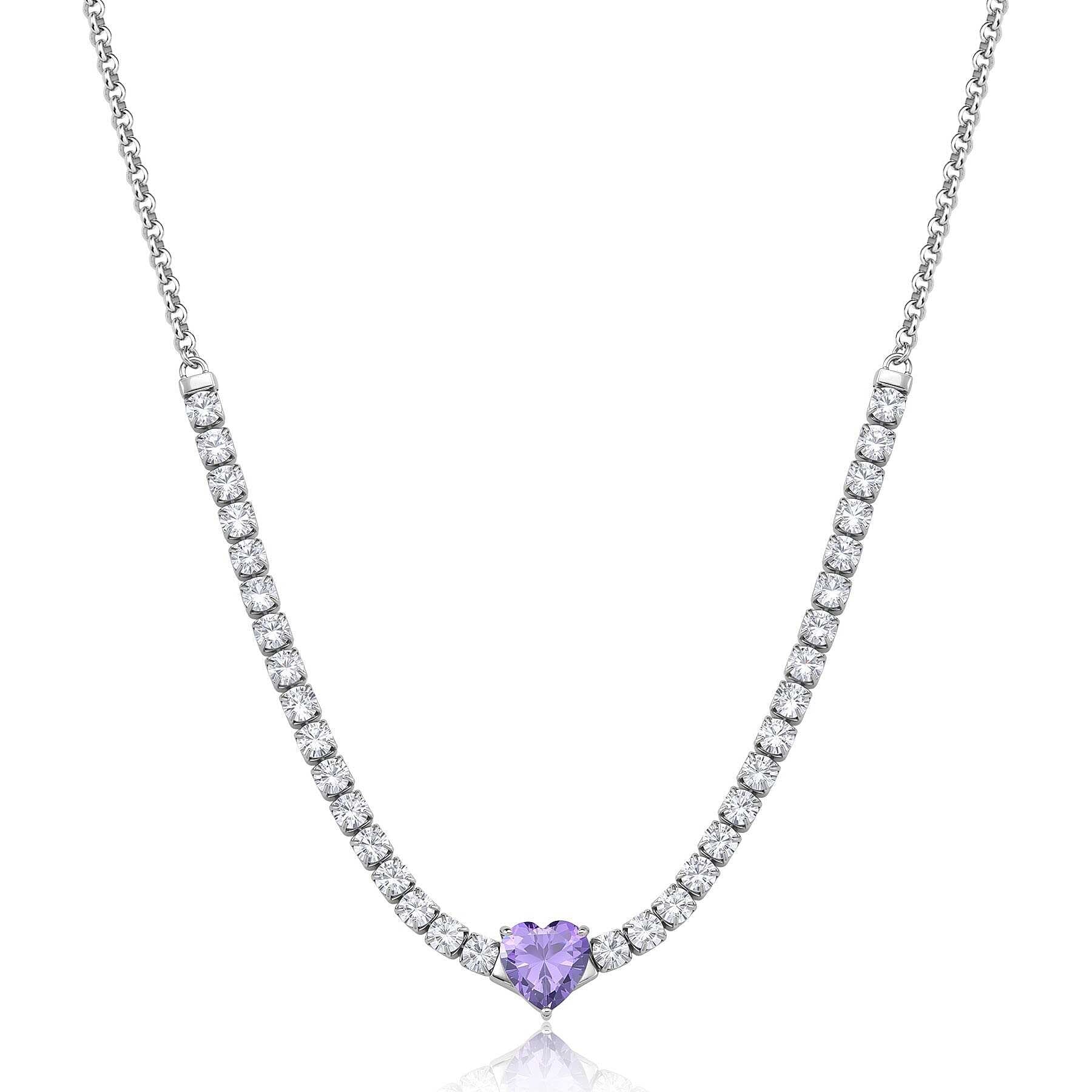 Collana Sagapò Donna DAZZLY - Girocollo con Cuore Ametista e Zirconi in Acciaio 316L - Codice: SDZ149