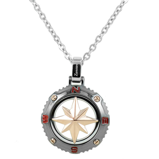 Collana maschile Zancan Hi-Teck in acciaio con pendente cilindrico e simbolo Rosa dei Venti in oro rosa 18kt.