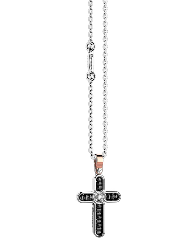 Collana da uomo Zancan in argento 925 con piccolo pendente cilindrico decorato da una placca in oro rosa 18kt e uno spinello nero al centro.