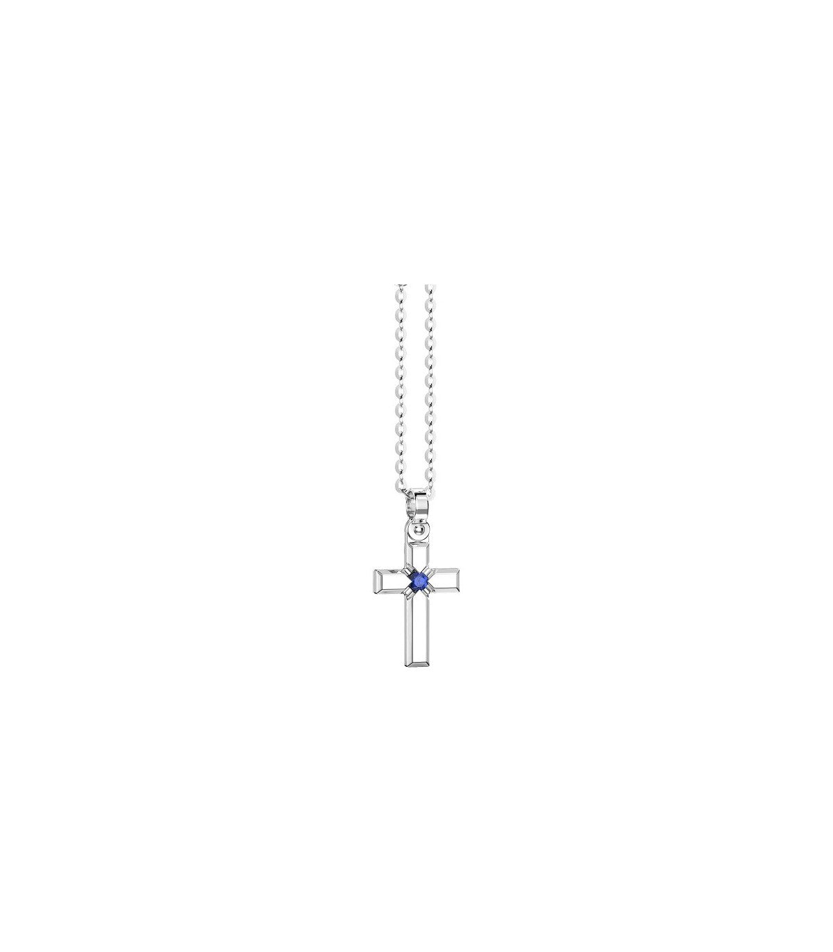 Collana Zancan Insignia in argento satinato con pendente a croce e spinello blu centrale.