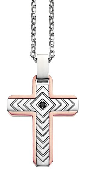 Collana Uomo Zancan in Acciaio con Croce e Dettagli in Oro Rosa - Modello UHC006