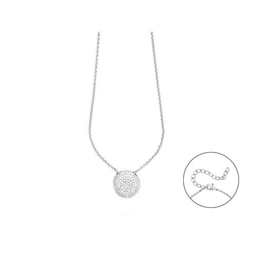 Collana da donna in acciaio inossidabile composta da una catenina a maglie sottili e un pendente centrale a forma di cuore. La superficie del cuore è interamente ricoperta da un fitto pavé di piccoli zirconi bianchi luminosi, con al centro il logo del pugnale Cesare Paciotti realizzato in rilievo metallico lucido.