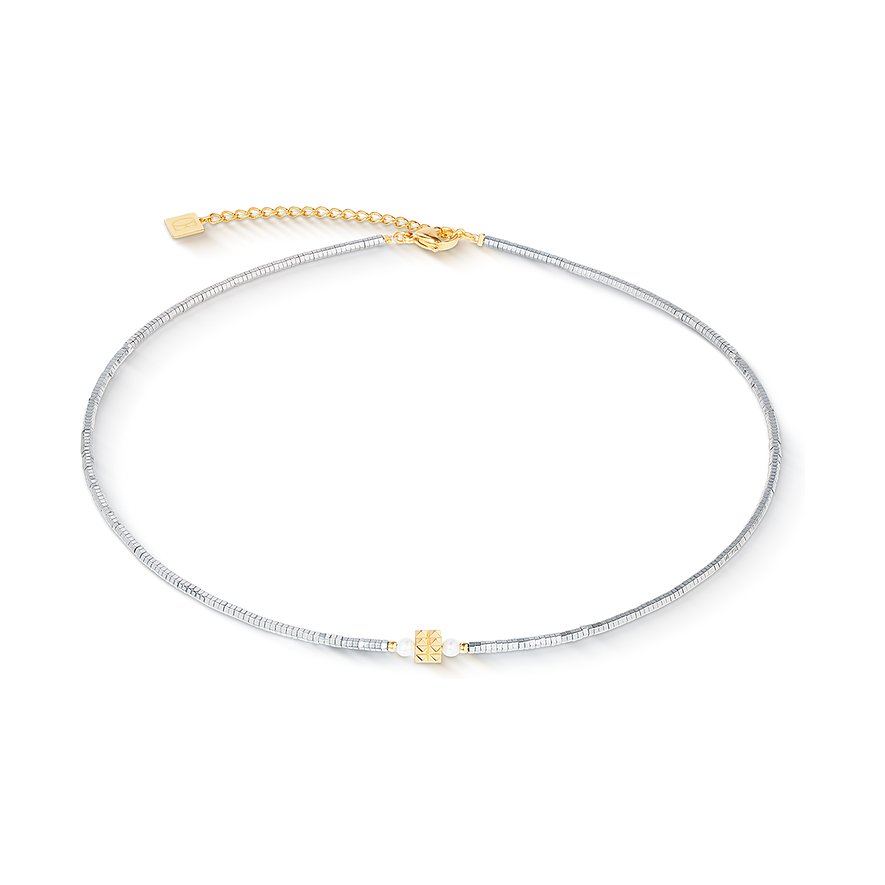 Collana girocollo Coeur de Lion GeoCUBE® collezione 2025 in acciaio con cubi pesca, beige e cristalli - Alfano Gioielli