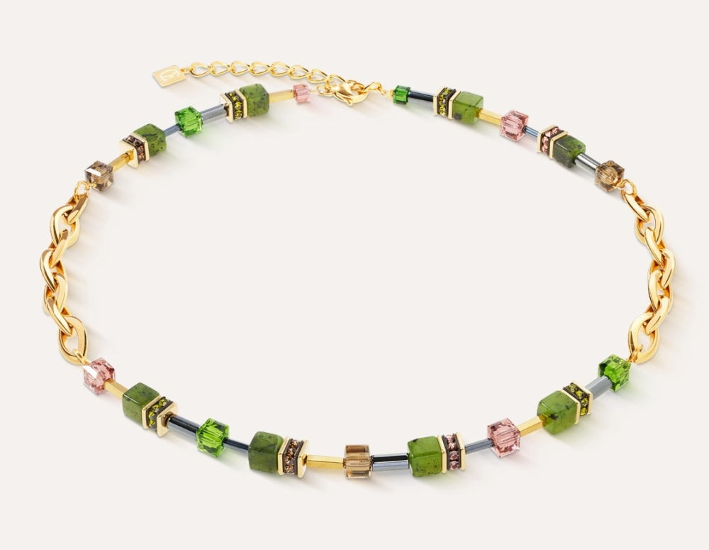 Collana girocollo Coeur de Lion GeoCUBE® in acciaio placcato oro giallo con cubi blu, azzurri e cristalli - Alfano Gioielli