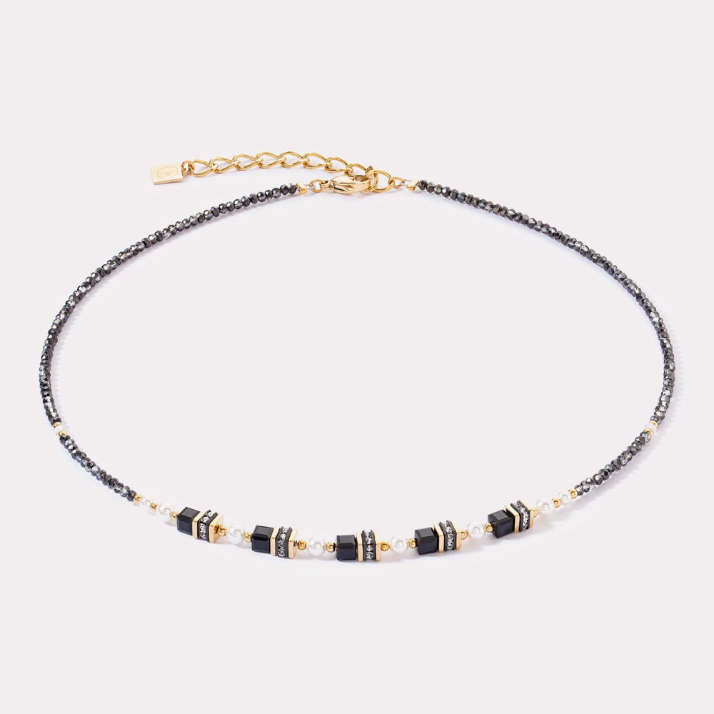 Collana girocollo Coeur de Lion GeoCUBE® in acciaio placcato oro rosa con cubi neri e cristalli bianchi - Alfano Gioielli