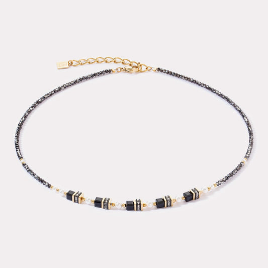 Collana girocollo Coeur de Lion GeoCUBE® in acciaio placcato oro rosa con cubi neri e cristalli bianchi - Alfano Gioielli