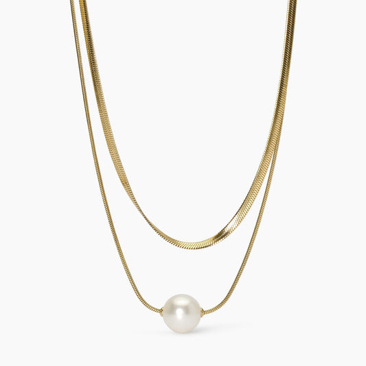 Girocollo Kidult Style 14 in Acciaio Dorato con Doppia Catena e Perla Conchiglia - 851020