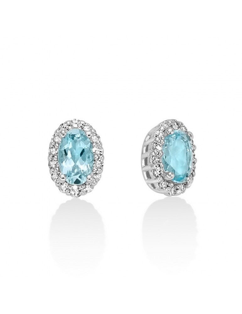 Orecchini Miluna a lobo in oro bianco 18kt con acquamarina azzurra ovale e contorno di diamanti brillanti.