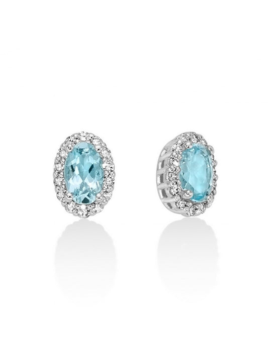 Orecchini Miluna a lobo in oro bianco 18kt con acquamarina azzurra ovale e contorno di diamanti brillanti.