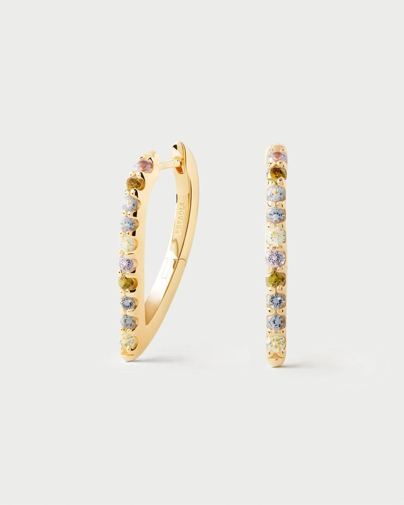 Orecchini pendenti scultorei PDPaola Multicolor Gloss in argento dorato 18K con zirconi colorati e design fluido - Alfano Gioielli Gioielleria Palermo.