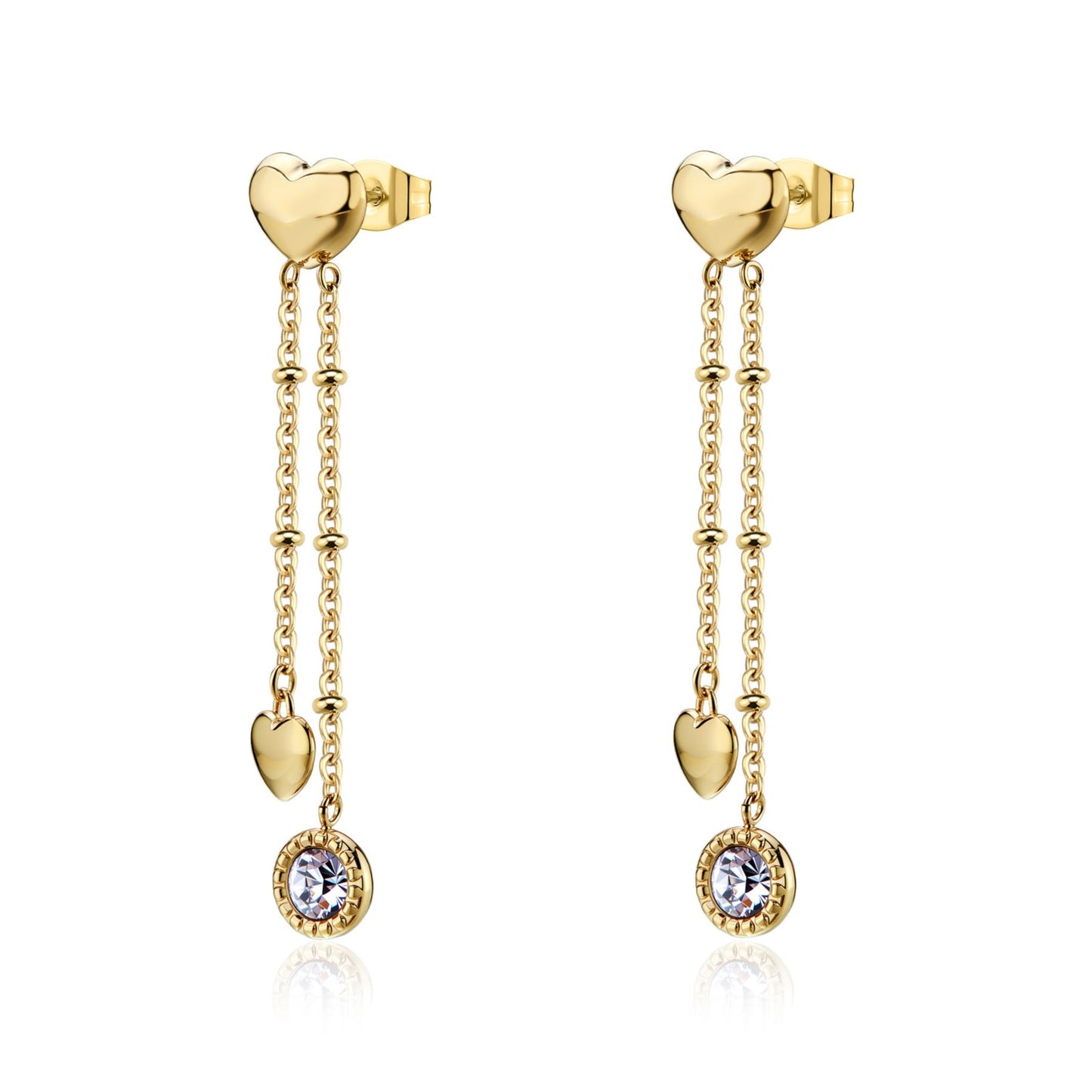 Orecchini Sagapò Donna AURORA - Orecchini Pendenti con Cuori e Cristalli in Acciaio 316L PVD Oro 14K - Codice: SAR71