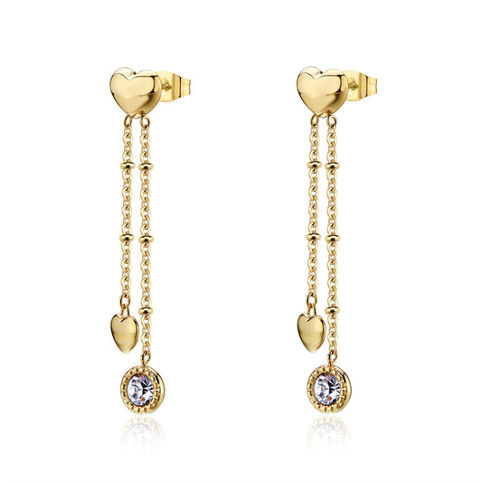 Orecchini Sagapò Donna AURORA - Orecchini Pendenti con Cuori e Cristalli in Acciaio 316L PVD Oro 14K - Codice: SAR71