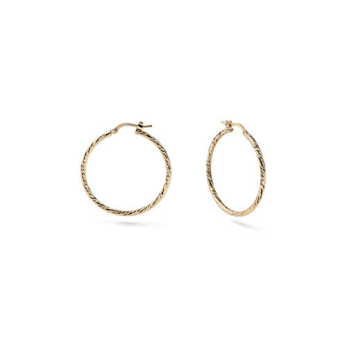 Orecchini a cerchio piccoli Unoaerre in bronzo dorato 24K con superficie diamantata scintillante - Alfano Gioielli Gioielleria Palermo.