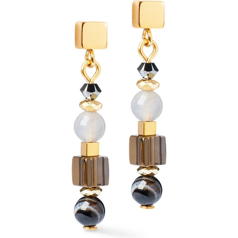 Orecchini pendenti Coeur de Lion GeoCUBE® in acciaio con cubi bianchi, grigio perla e cristalli - Alfano Gioielli