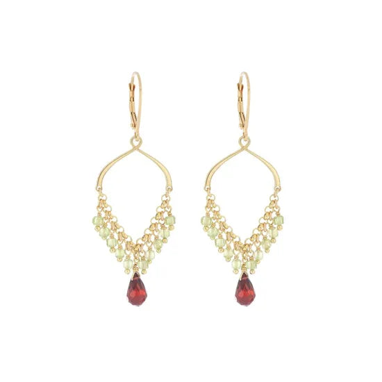 Orecchini pendenti Maman et Sophie in argento dorato con frangia di pietre naturali Apatite blu, Peridoto verde e Granata rossa - Alfano Gioielli