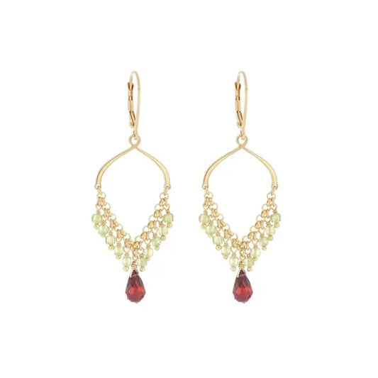 Orecchini pendenti Maman et Sophie in argento dorato con frangia di pietre naturali Apatite blu, Peridoto verde e Granata rossa - Alfano Gioielli