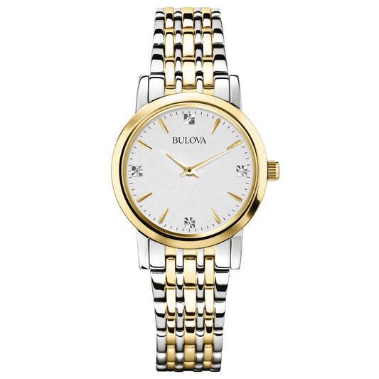 Orologio Bulova Donna CLASSIC LADY DIAMONDS - Solo Tempo al Quarzo Bicolore, Quadrante Silver con Diamanti - Codice: 98P115