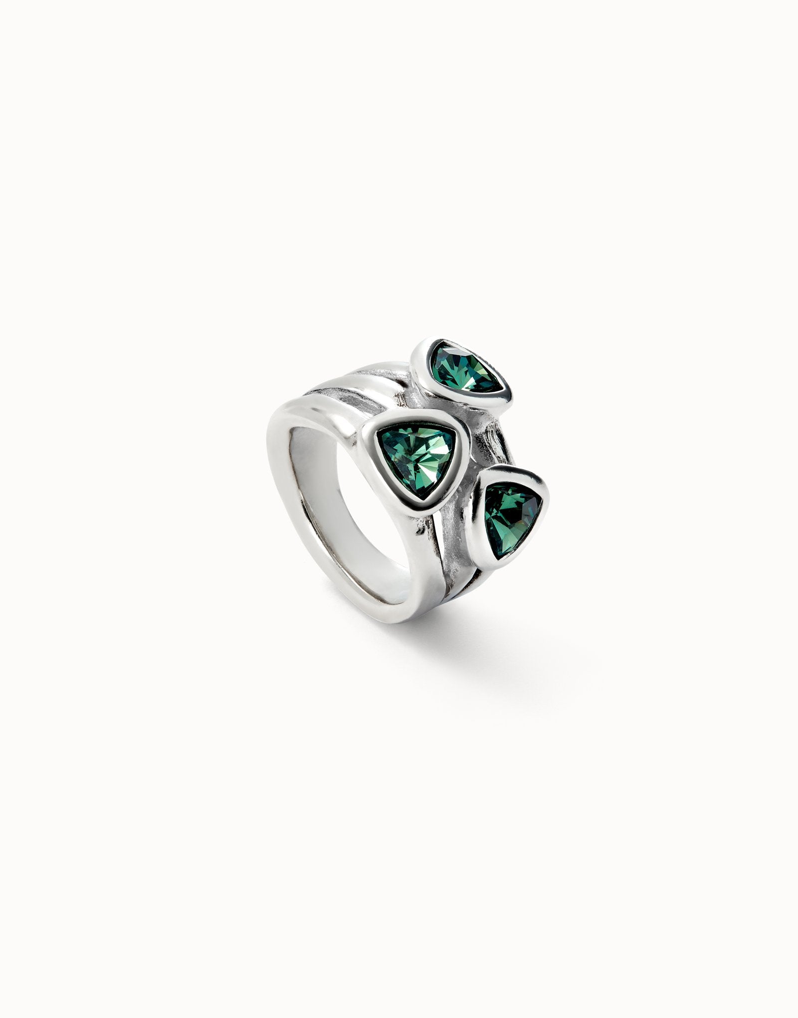 Uno de 50 Anello Placcato Argento con Tre Cristalli Verdi ANI0849