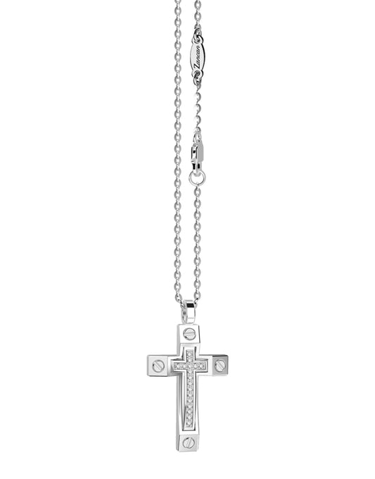 Collana da uomo Zancan Insignia Gold in oro bianco 18kt con pendente a croce stilizzata tempestata di diamanti bianchi naturali.