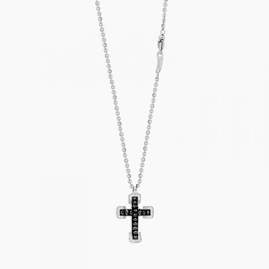 Collana da uomo Zancan Insignia Gold in oro bianco e rosa 18kt con pendente a croce e diamanti neri incastonati.