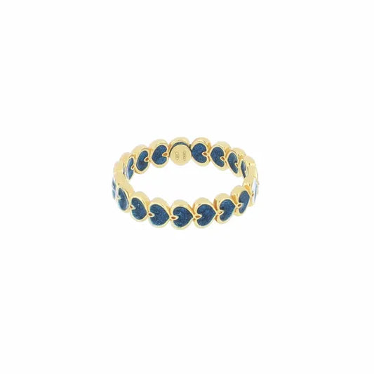 Anello a fascia Maman et Sophie in argento oro giallo con piccoli cuori smaltati di colore blu - Alfano Gioielli Palermo.