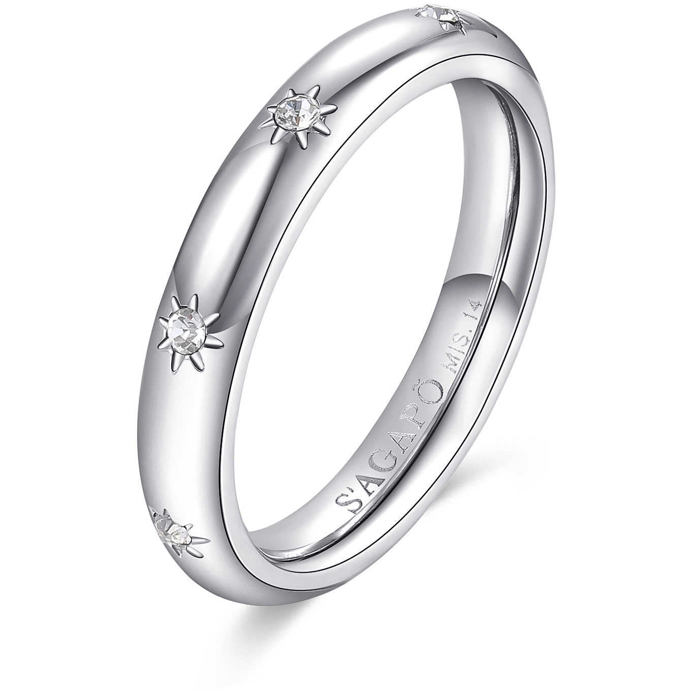 Anello a fascia donna Sagapò Forlove in acciaio anallergico colore argento con fila di cristalli bianchi luminosi - Alfano Gioielli Palermo.