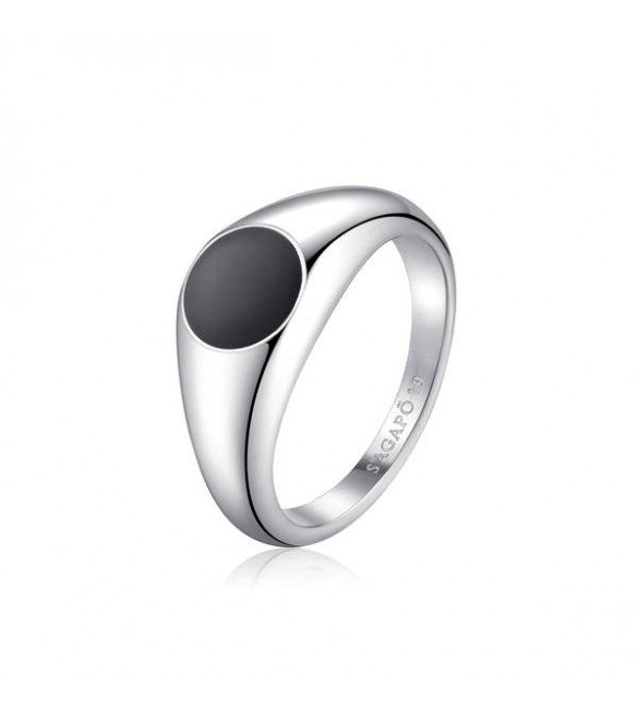 Anello a sigillo unisex Sagapò Ripple in acciaio 316L con inserto superiore in smalto nero - Alfano Gioielli Palermo.