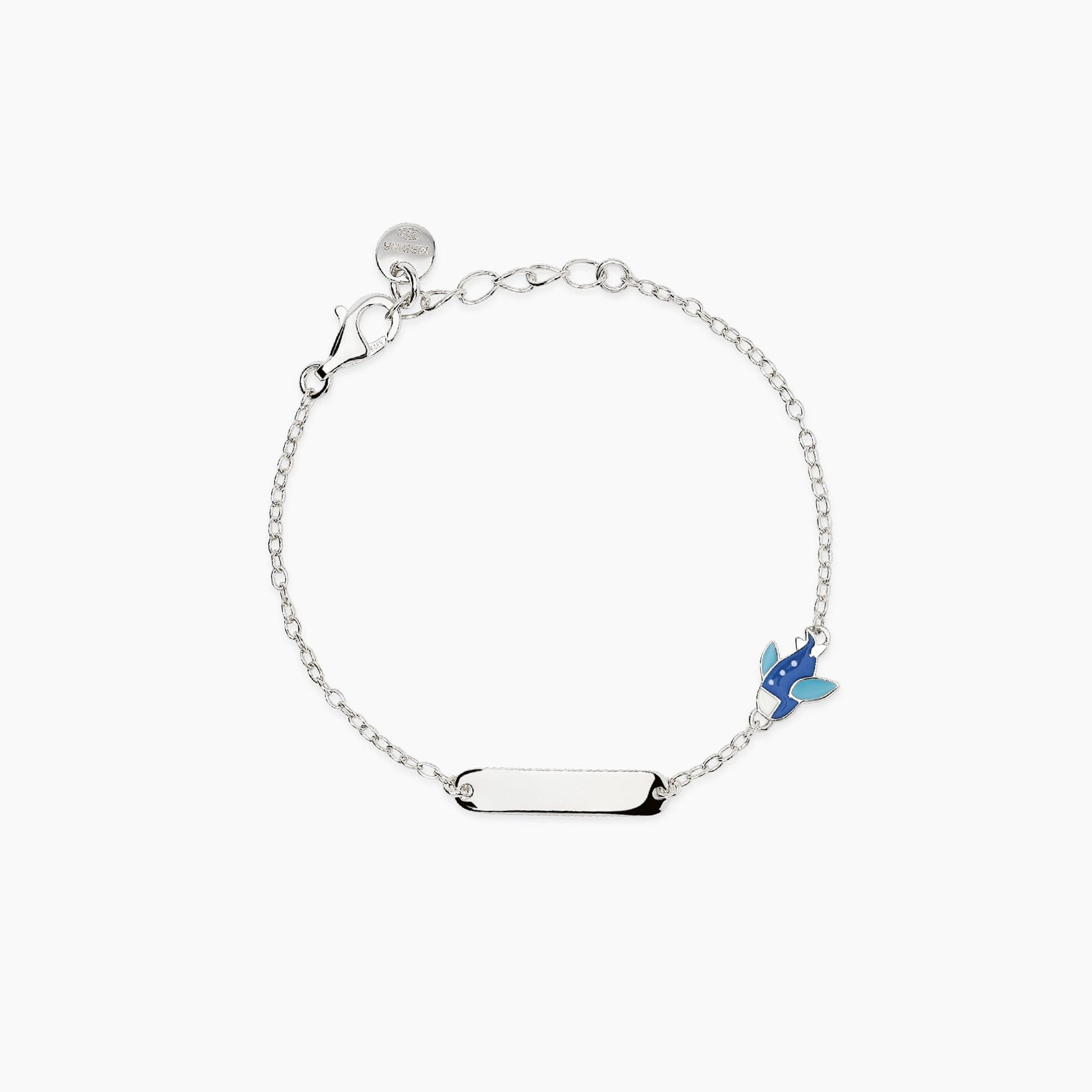 Bracciale da bambino Mabina 534138 in argento 925 con targhetta per incisione e charm aeroplano smaltato blu - Alfano Gioielli Palermo.