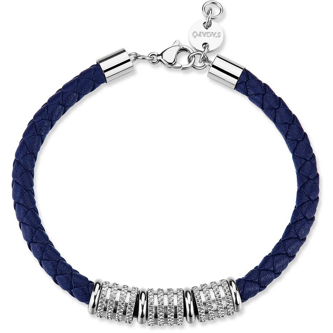 Bracciale femminile Sagapò Nomad SNO15 in pelle blu con elemento centrale in acciaio lucido 316L - Alfano Gioielli Palermo.
