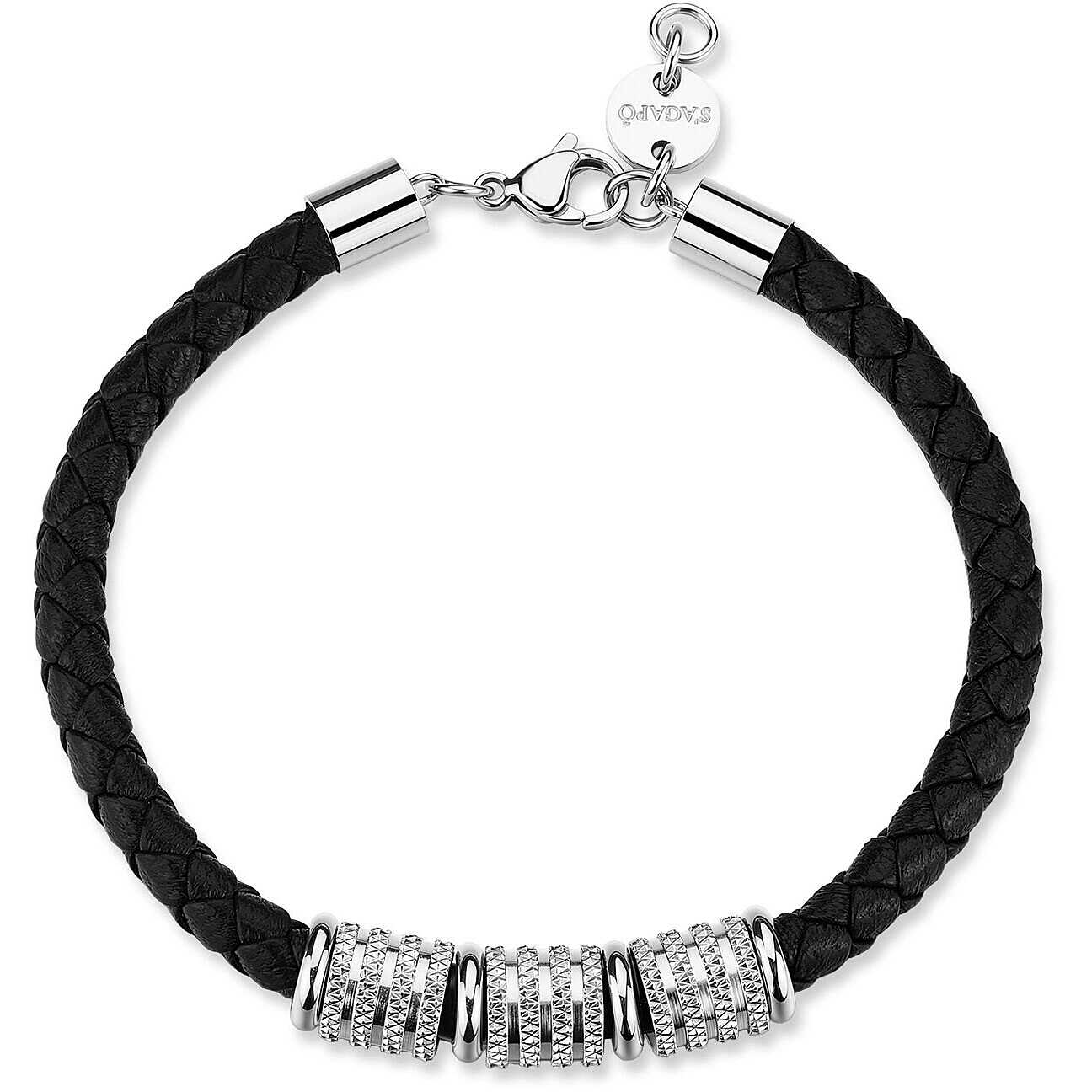 Bracciale femminile Sagapò Nomad SNO16 total black in pelle nera con elemento centrale in acciaio 316L finitura PVD nero - Alfano Gioielli Palermo.