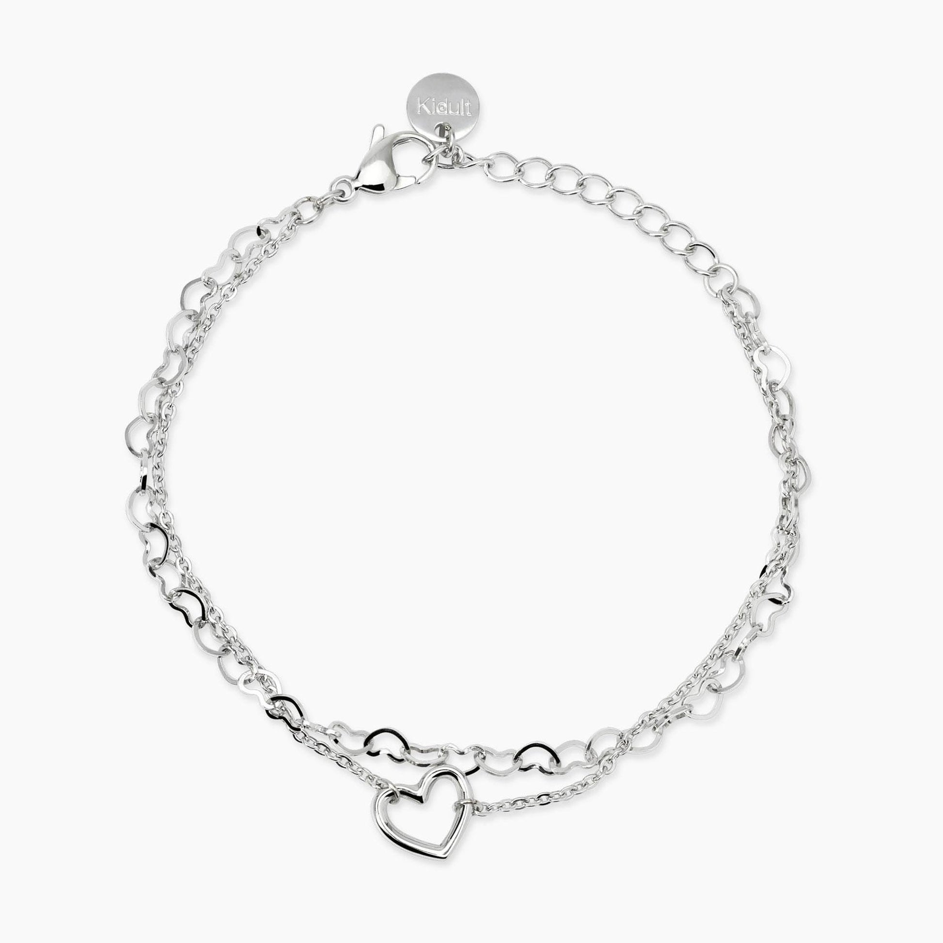 Bracciale Kidult Style 64 831215 in acciaio 316L a doppia catena con motivo a cuori e cuore centrale - Alfano Gioielli Palermo.