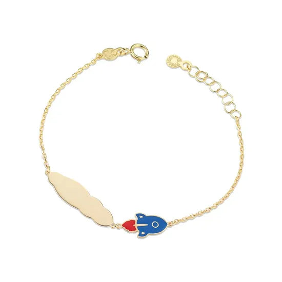 Bracciale per bambino leBebé PrimeGioie in oro giallo con charms a forma di razzo, nuvola e targhetta personalizzabile - Alfano Gioielli Gioielleria Palermo.