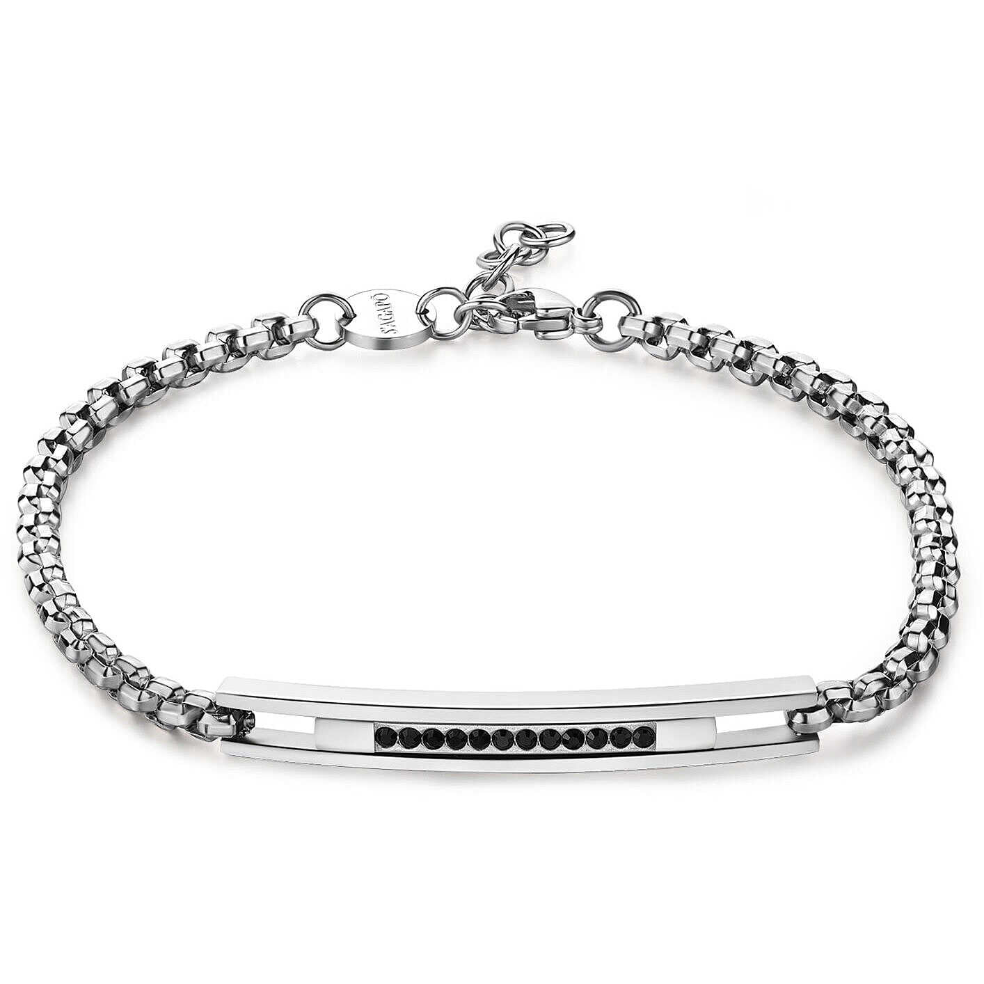 Bracciale maschile S’Agapõ Proud SPD17 in acciaio lucido silver con placca centrale e cristalli neri incastonati - Alfano Gioielli Palermo.