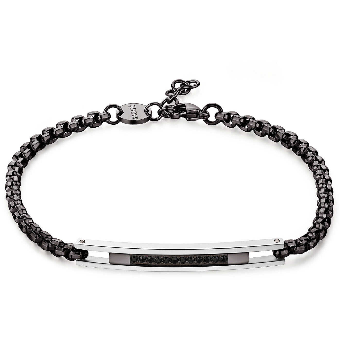 Bracciale maschile S’Agapõ Proud SPD19 in acciaio 316L finitura canna di fucile con placca centrale e cristalli neri - Alfano Gioielli Palermo.