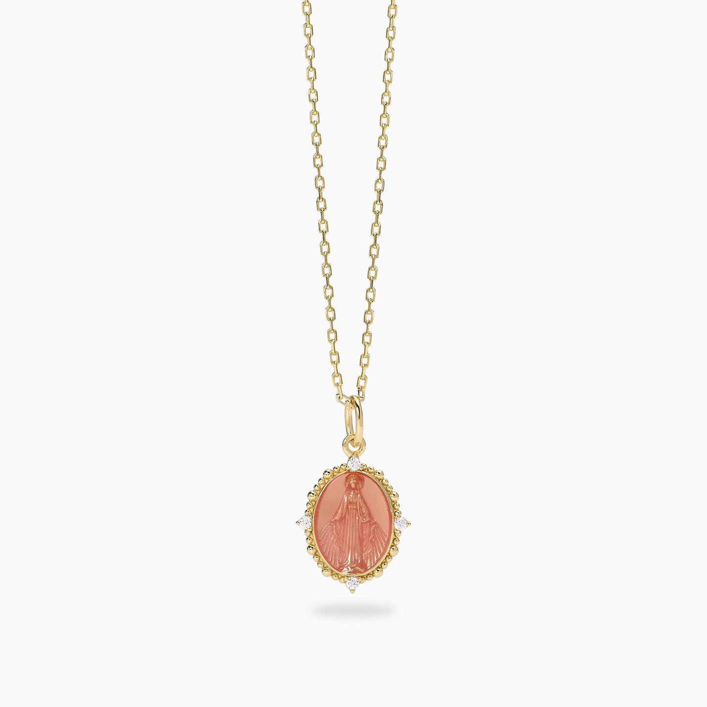 Girocollo da donna Mabina Lady Madonna 553911 in argento placcato oro 18K con ciondolo Madonnina rosa corallo e zirconi - Alfano Gioielli Palermo.