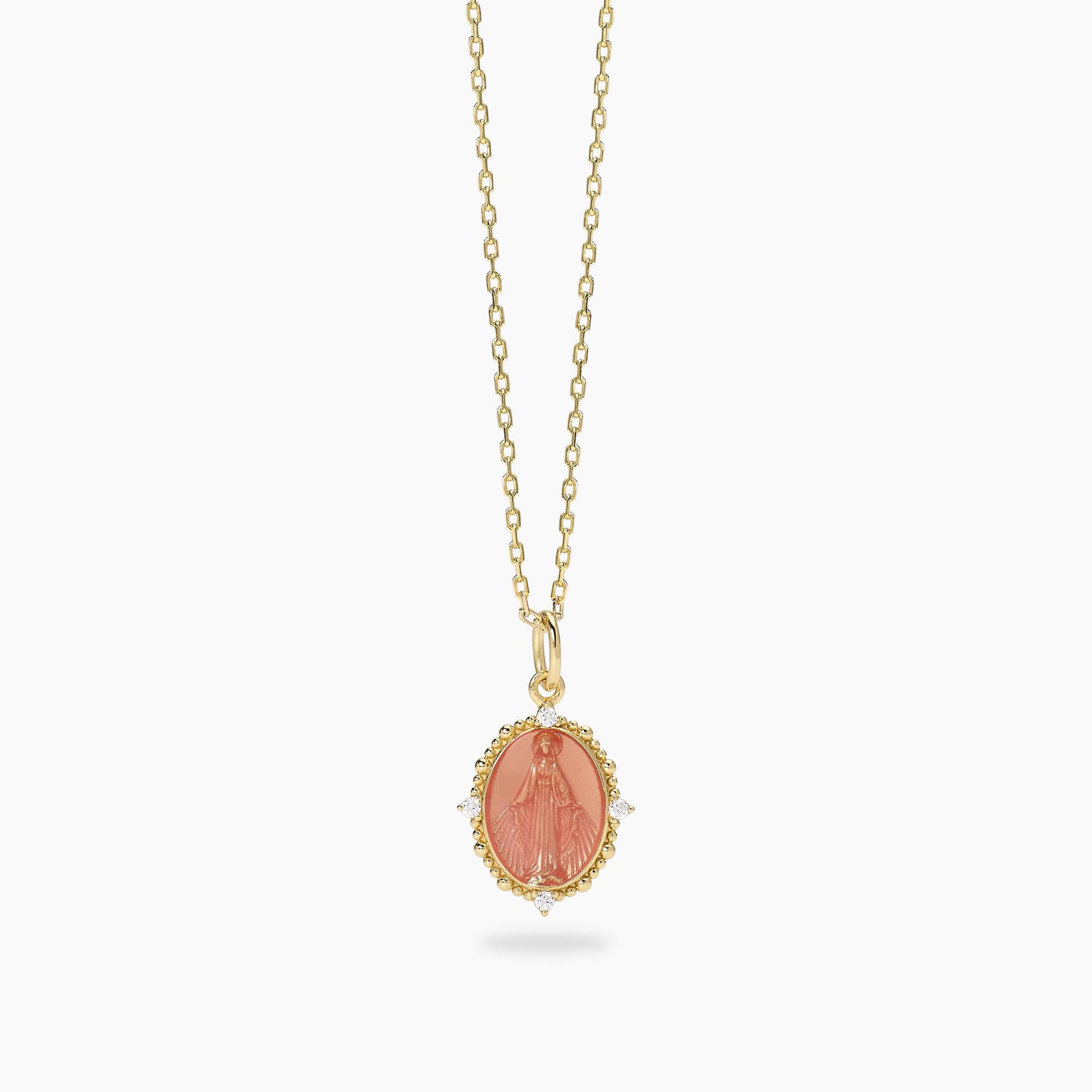 Girocollo da donna Mabina Lady Madonna 553911 in argento placcato oro 18K con ciondolo Madonnina rosa corallo e zirconi - Alfano Gioielli Palermo.