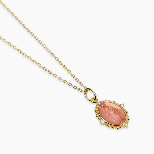 Girocollo da donna Mabina Lady Madonna 553911 in argento placcato oro 18K con ciondolo Madonnina rosa corallo e zirconi - Alfano Gioielli Palermo.