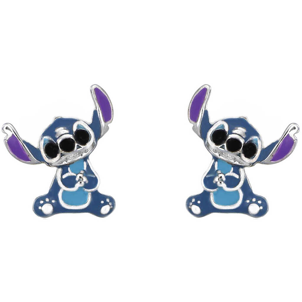 Coppia di orecchini a lobo in argento 925 Disney Stitch con volto smaltato azzurro e rosa - Alfano Gioielli Gioielleria Palermo.