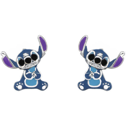 Coppia di orecchini a lobo in argento 925 Disney Stitch con volto smaltato azzurro e rosa - Alfano Gioielli Gioielleria Palermo.