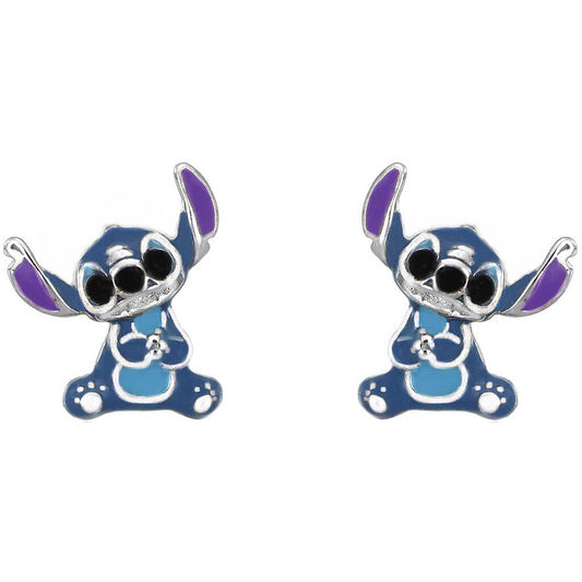 Coppia di orecchini a lobo in argento 925 Disney Stitch con volto smaltato azzurro e rosa - Alfano Gioielli Gioielleria Palermo.