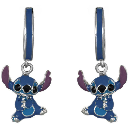 Orecchini pendenti Disney Stitch in argento 925 con volto smaltato azzurro e rosa - Alfano Gioielli Gioielleria Palermo.