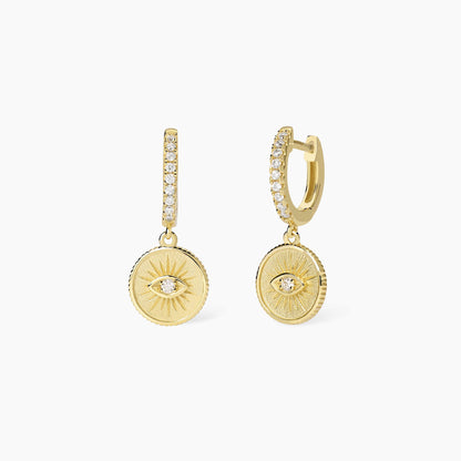 Orecchini a cerchio da donna Mabina 563974 in argento placcato oro 18K con ciondolo occhio portafortuna e zirconi bianchi - Alfano Gioielli Palermo.