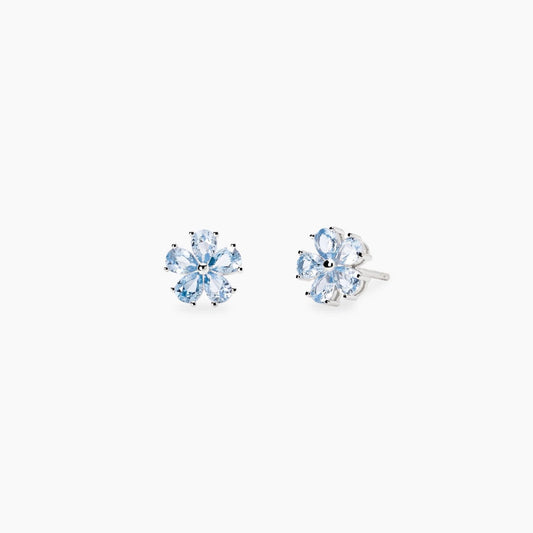 Orecchini a lobo Mabina in argento 925 a forma di fiore con acquamarina sintetica centrale azzurra e contorno di zirconi bianchi.