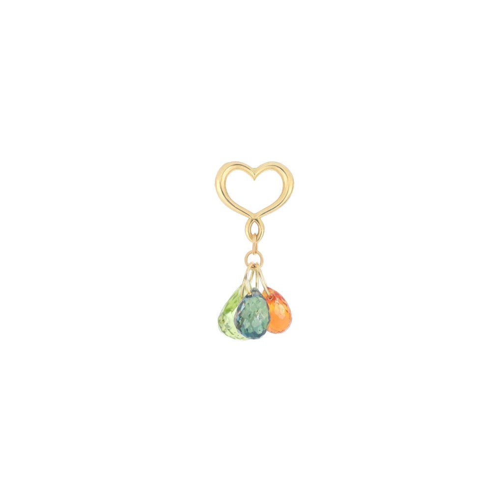 Orecchino singolo Maman et Sophie ORDRP43VBA in oro giallo 18kt con cuore a lobo e tre gocce pendenti di pietre naturali - Alfano Gioielli Palermo.