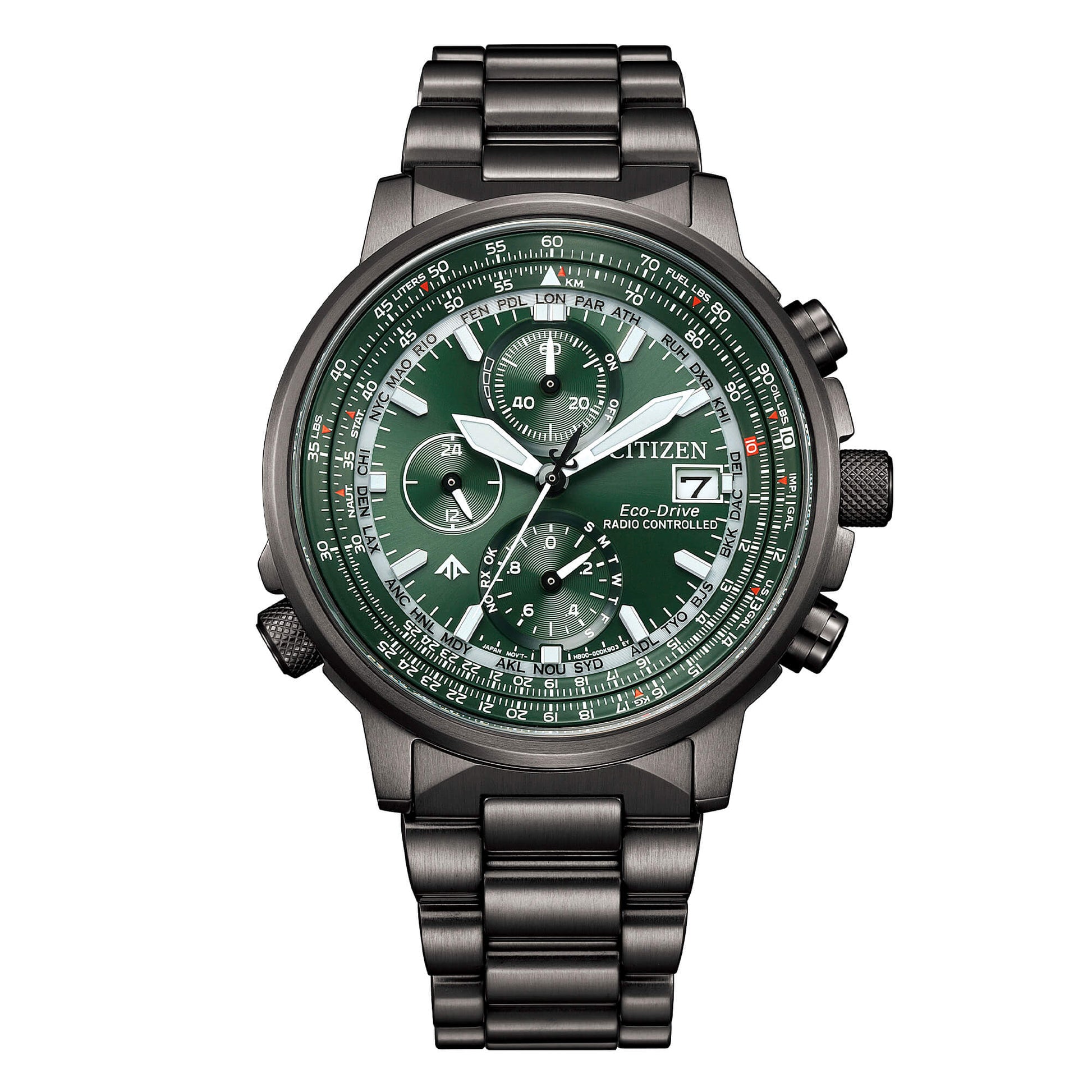 Orologio Citizen Crono Pilot AT8304-57W radiocontrollato con quadrante verde, finiture oro rosa e bracciale in acciaio - Alfano Gioielli Gioielleria Palermo.