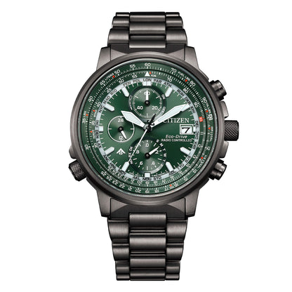 Orologio Citizen Crono Pilot AT8304-57W radiocontrollato con quadrante verde, finiture oro rosa e bracciale in acciaio - Alfano Gioielli Gioielleria Palermo.