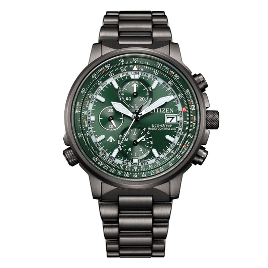 Orologio Citizen Crono Pilot AT8304-57W radiocontrollato con quadrante verde, finiture oro rosa e bracciale in acciaio - Alfano Gioielli Gioielleria Palermo.