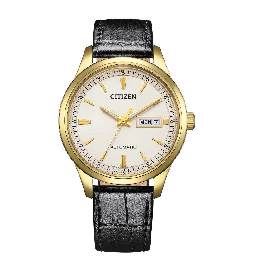 Orologio Citizen Meccanico NY4059-09A con movimento automatico, quadrante bianco con numeri romani e cinturino in pelle - Alfano Gioielli Gioielleria Palermo.