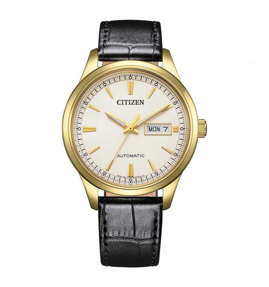 Orologio Citizen Meccanico NY4059-09A con movimento automatico, quadrante bianco con numeri romani e cinturino in pelle - Alfano Gioielli Gioielleria Palermo.