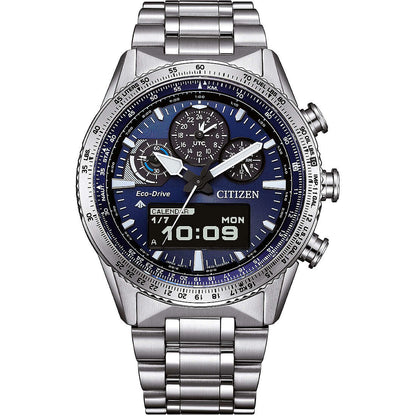 Orologio Citizen Promaster Sky JV2000-51L Eco-Drive multifunzione con quadrante blu, display digitale e regolo calcolatore - Alfano Gioielli Gioielleria Palermo.